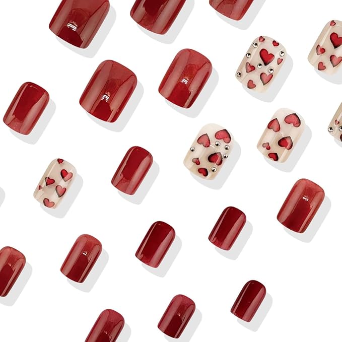 24Pcs Valentines Day Red Heart Press on Nails Short Square Fake Nails with Rhinestones Glossy Designs Artificial Valentines Nails Decoration Full Cover Glue on Nails for Women Acrylic Manicure Salon
