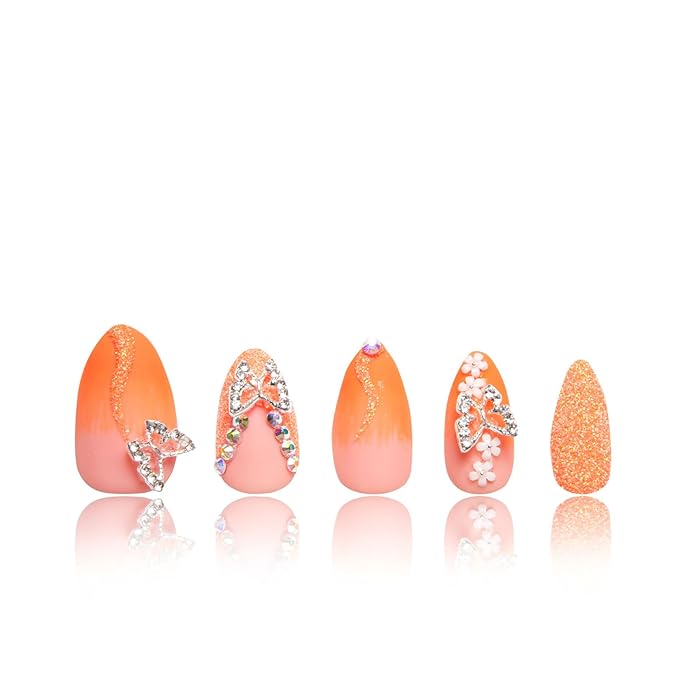 LOVFUL Press on Nails Citrus Bloom | Handmade with Full Covered Crystals | Reusable Fake Nails | Almond Regular 1.0 in | H209-M