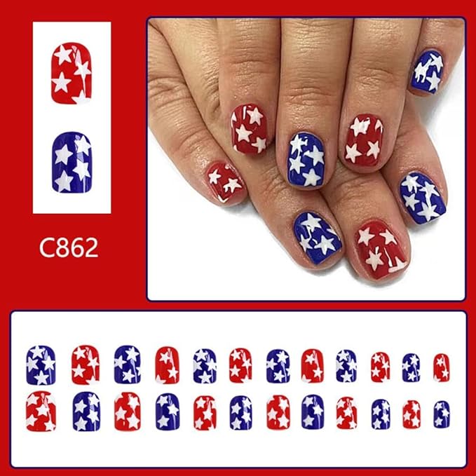 Independence Day Press on Nails Short Square Fake Nails with Star Designs Red False Nails Blue Acrylic Nails Summer Stick on Nail Full Cover 4th of July Glue on Nail for Women Girls Manicure 24Pcs