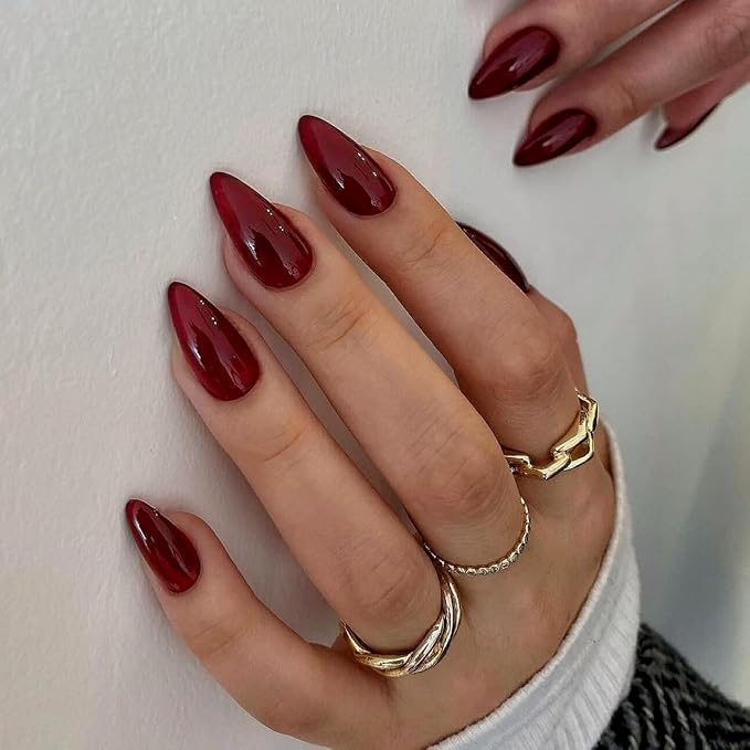 Wine Red Almond Shaped 48Pcs Neutral Thick Fake Nails - Reusable Acrylic Nails, Cherry Medium Almond, Medium Length Stiletto, Gel Finish