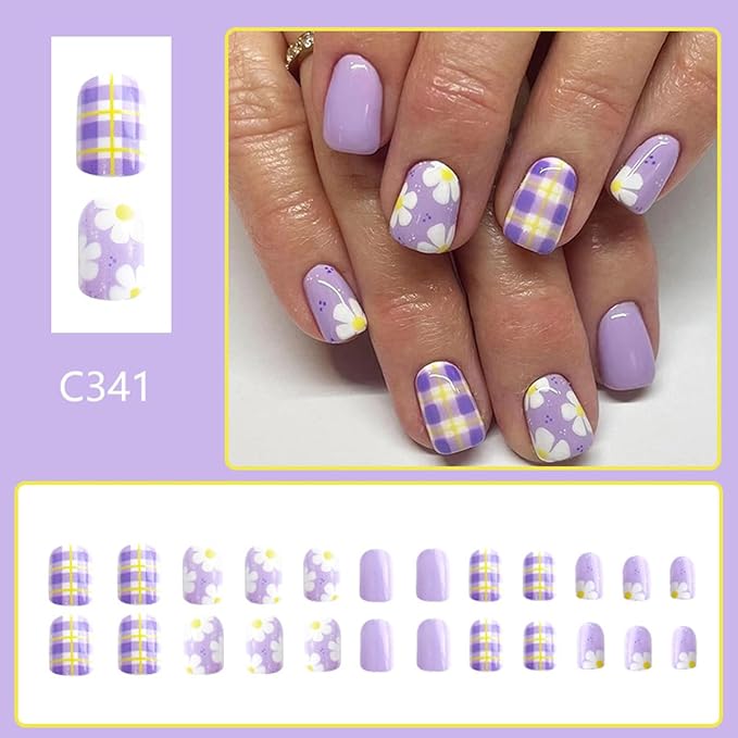 Purple Press on Nails Spring Flower Fake Nails Cute Short Square Nails Press ons with Floral Daisy Plaid Designs Reusable Artificial Nail Full Cover Stick on Nails for Women Manicure 24Pcs