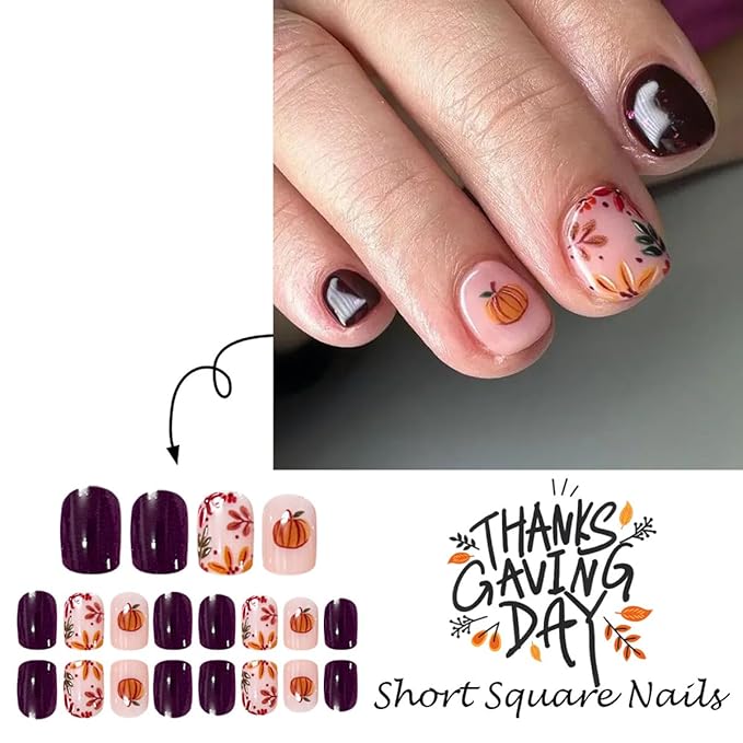 Short Square Press on Nails Fall Fake Nails Thanksgiving Day Nails Press ons with Pumpkin Fall Leaves Design,Full Cover Stick on Nails for Women Manicure,Reusable | Glossy | Easy Apply | 24 Pcs