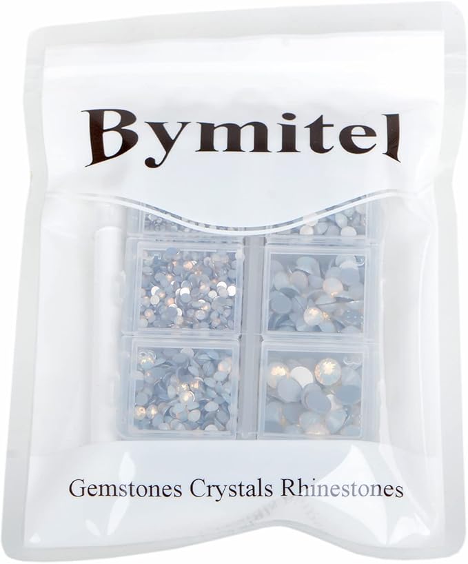 Bymitel 5000 Pieces 6 Mixed Sizes Glue Fix on Glass Rhinestones Round Crystal Gems Flatback for DIY Jewelry Making with one Picking Pen(6-Sizes 5000PCS, White Opal)