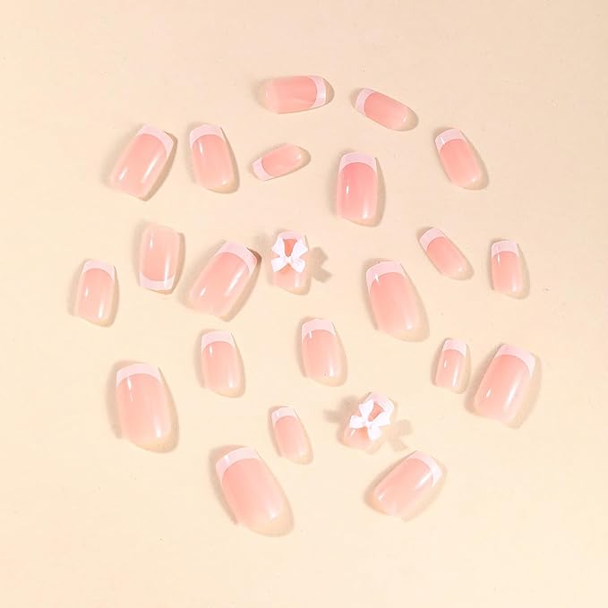 Press on Nails Short Square MABKJLF White French Tip Fake Nails False Nails with Designs Bow Charm Glossy Glue on Nails Stick on Nails Acrylic Nails for Women Girls 24 Pcs