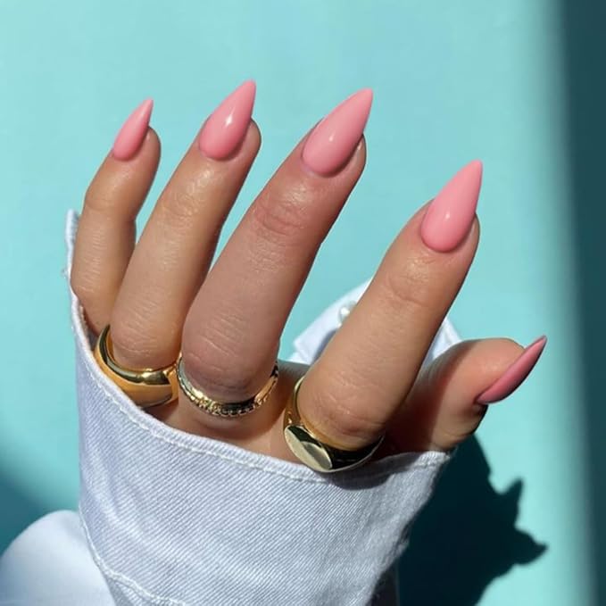 Rose Pink Press on Nails - Almond Shaped Medium Length Neutral Acrylic Reusable Fake Nails for Women Girls - Glue on Stiletto False Nails - Soft Gel Artificial