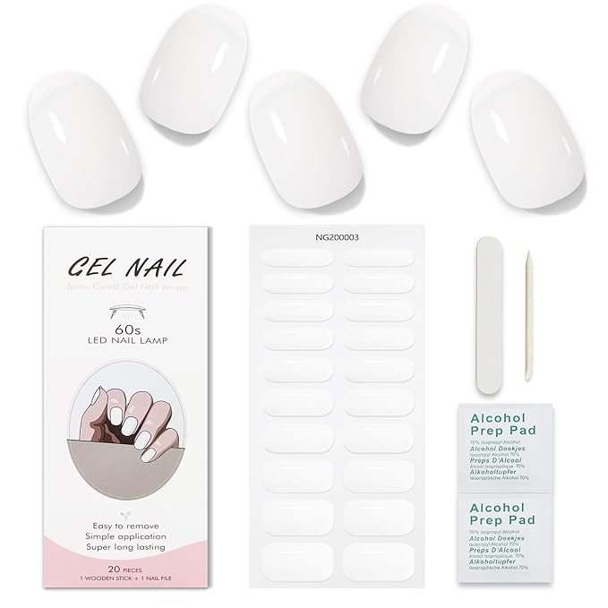 JMEOWIO Semi Cured Gel Nail Strips White Gel Nail Stickers Nails Art Design Decoration Accessories