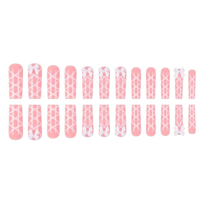 Long Press on Square Nails, 24pcs Pink Artificial Nails with White Bow Designs, Acrylic Material, Full Cover Nail, Press-On False Nails
