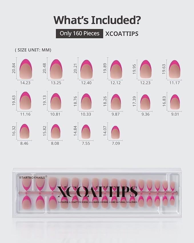 BTArtboxnails XCOATTIPS Pink French Tip Press On Nails - Short Press On Nails Almond, Soft Gel Nail Tips, 160Pcs Soak Off Acrylic Brown Fake Nail Extension in 16 Sizes