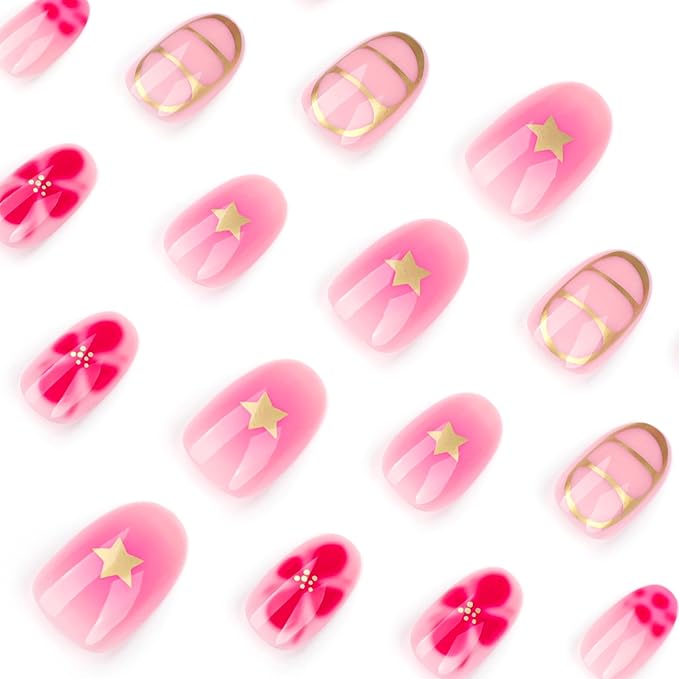 Pink Press On Nails Short Oval, Summer Fall Fake Nails Featuring Petal Designs and Gold Detailing, Glossy Gel Finish Acrylic Nails, Thick Reusable Glue On Nails Kit for Women, Gilded Blossom