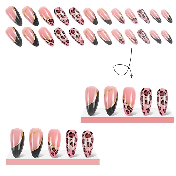 Alomnd Press on Nails - Leopard Print Fake Nails - Medium False Nail Press ons - French Tip Acrylic Glue on Nail - Artificial Nail Stick on Nails for Women Manicure 24Pcs