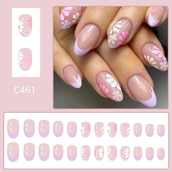 Flower Press on Nails - Short Oval Fake Nails Purple French Tip False Nails Press ons with Floral Design, Glossy Acrylic Nails Full Cover Artificial Glue on Nails for Women Manicure 24Pcs