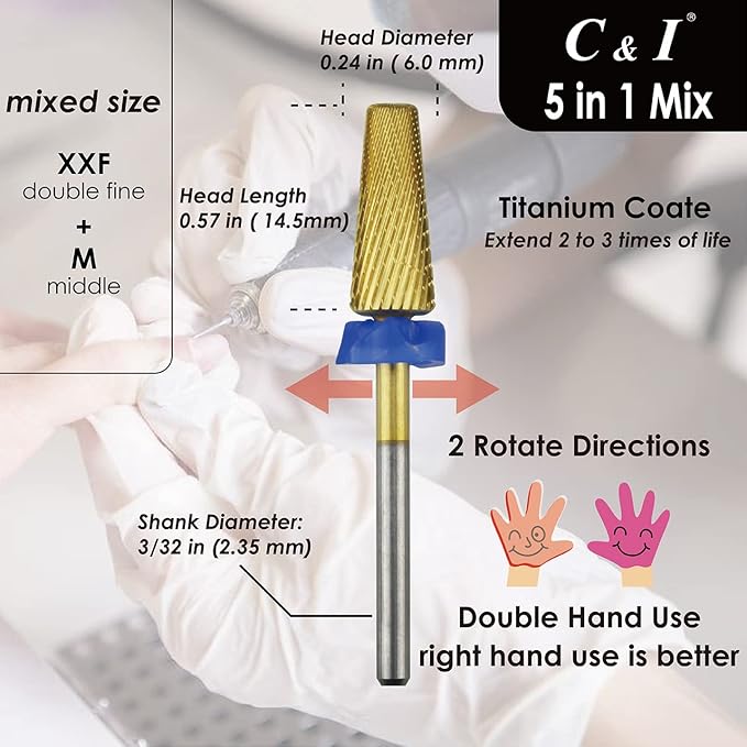 C & I 5 in 1 Nail Drill Bit, Mixed Sizes Edition, Cross Teeth, 2 Way, Professional Multi-function Nail Drills for Electric Manicure Drill Machine, Shank 3/32” (Mix, M & XXF)