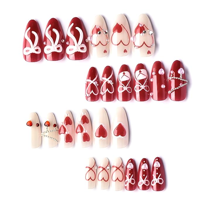 Valentines Fake Nails Medium Almond Press on Nails Red Heart False Nails 3D Bow Nails Press Ons with Pearl Design Gloss Glue on Nail White Red Stick on Nail for Women Decoration Set 24Pcs