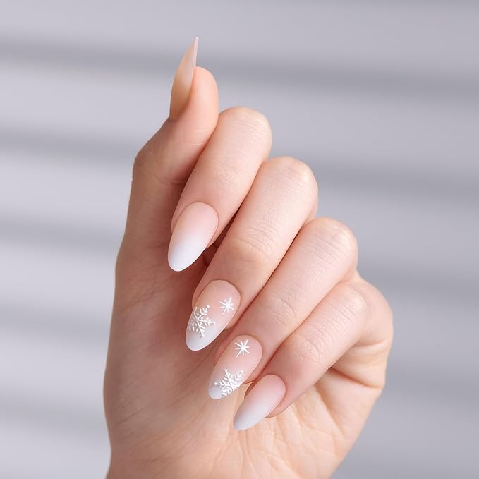 KISS Voguish Fantasy Holiday Press On Nails Almond, ‘Sleigh All’, Nude, Medium Length, No Damage To Natural Nails, Pink Gel Nail Glue (2g), Mini Nail File, Manicure Stick, & 28 Fake Nails