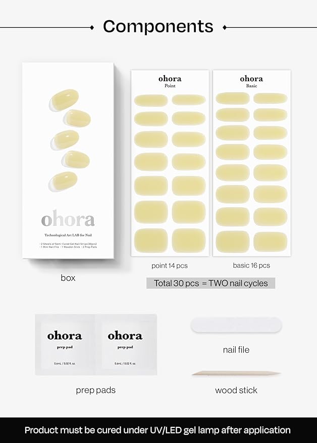 ohora Semi Cured Gel Nail Strips (N Honey Veil) - Works with Any Lamps, Salon-Quality, Long Lasting, Easy to Apply & Remove - Includes 2 Prep Pads, Nail File & Wooden Stick