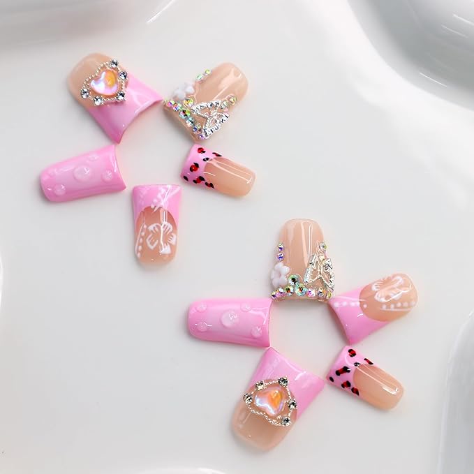 10Pcs Pink Handmade Press on Nails Duck Fake Nails French Tip False Nails with 3D Heart Butterfly Rhinestone Design Acrylic Duck Nails Press ons Medium Reusable Stick on Nail for Women (M)