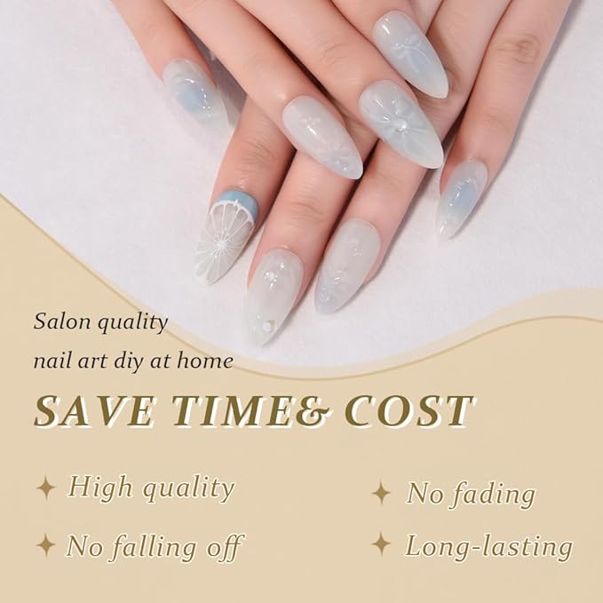 evpct Spring & Summer Press on Nails Medium Almond, Pearl White Blue Fake Nails Press ons 3D Lemon Design, Light Weight Perfectly Fit Fake Nails for Women, Fake Nail Kit with Kits Gel, 24Pcs