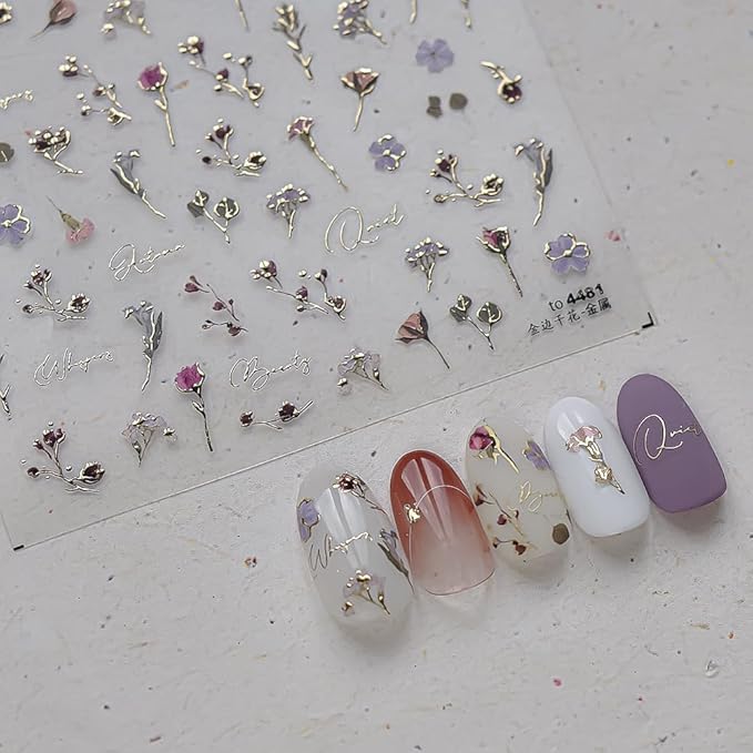 2Sheets Valentine's Day Floral Nail Art Stickers, Metallic Golden Leaves Dried Flowers Design Nail Decals