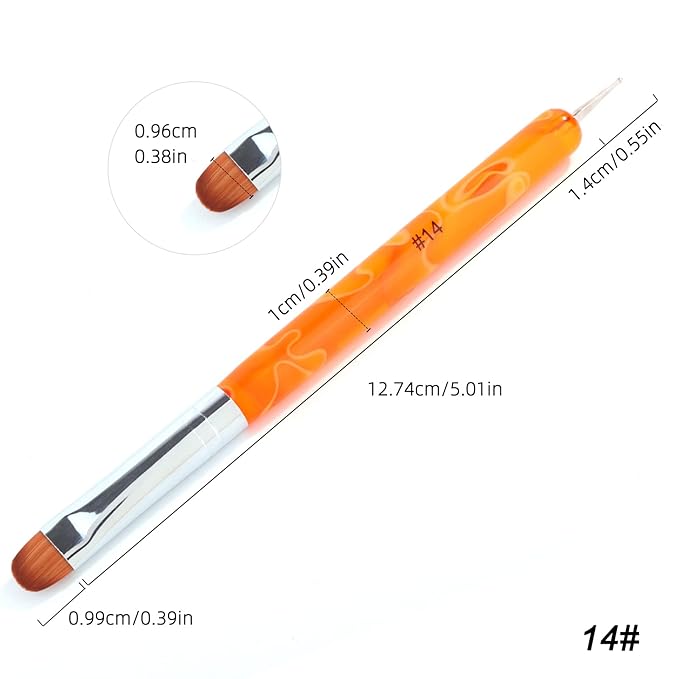 French Manicure Brush -Two Way Nail Art Brush with Dotting Manicure Tool for Manicure Cuticle Clean Up Nail Art Design- Professional Nail Salon Quality Brush, Nail Dotting Pen (14#, Orange)