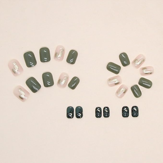 Green Press on Nails Short Square Fake Nails with Design Leopard Print Gold Foil Glue on Nails Full Cover Glossy Acrylic Stick on Nails Cute Artificial False Nails for Women Nail Art Decoration 24Pcs