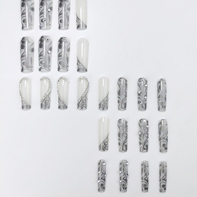 Square Press on Nails Long Fake Nails with Heart Rhinestones Designs Black Acrylic Nails Press ons Cute Glue on Nails Full Cover Stick on Nails for Women 24 Pcs