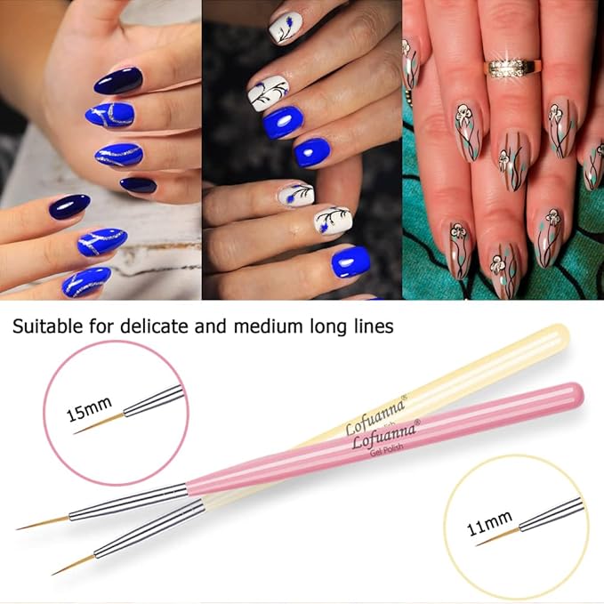 Lofuanna Art Liner Brushes Set 5PCS - UV Gel Polish Painting Acrylic Brushes for Nail Design - Drawing Pens for Home Use and Professional Salon - Sizes 7/9/11/15/20mm