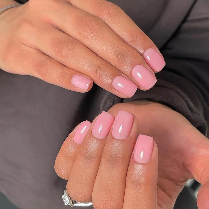 Baby Pink Press on Nails Short Square - Natural Gel Glue on Acrylic, 48Pcs Thick Reusable Fake for Women, Coffin Artificial New Solid Color