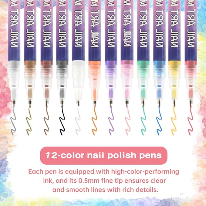 12 Colors Nail Art Pens Set, Nail Polish Pens Quick Dry Na il Polish Markers for DIY Na il Art Design, Acrylic Painting & Dotting, Manicure Tools for Beginners & Professionals