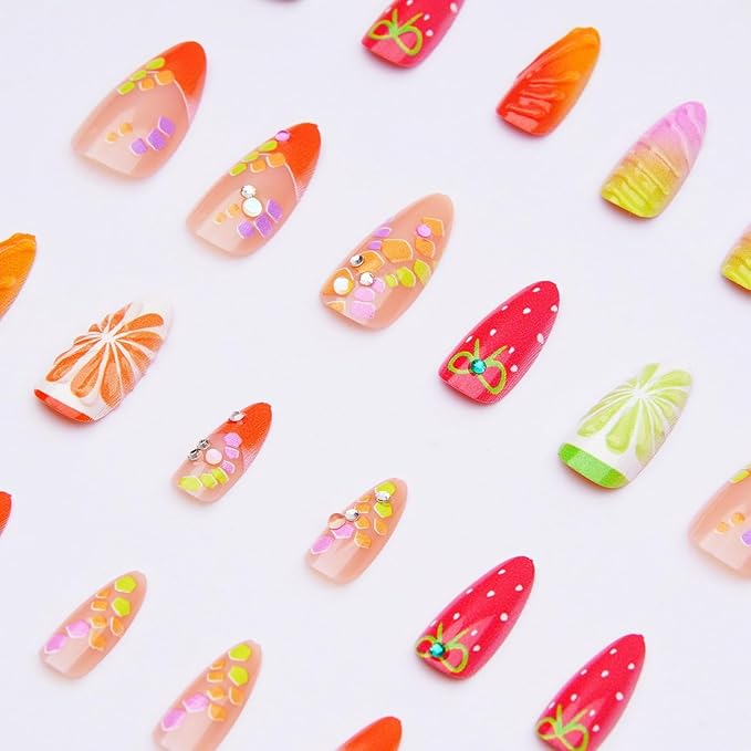 Medium Almond Press on Nails MABKJLF French Tip Fake Nails 3D False Nails with Strawberry Flower Rhinestones Designs Cute Glossy Glue on Nails Summer Stick on Nails for Women Girls 24Pcs