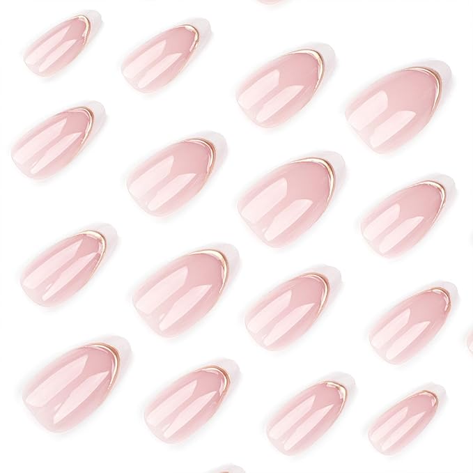 Almond Press on Nails Medium Pink With 3D Gold Stripes Designs White French Tips Fall Winter False Acrylic Glue on Glossy Stick on for Women 24 Pcs