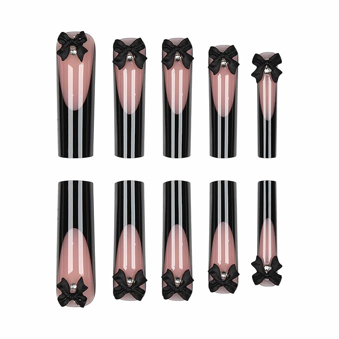 MISUD Press on Nails - Extra Long Square Fake Nails with Black French Tip, Acrylic Bow Design 24 pcs