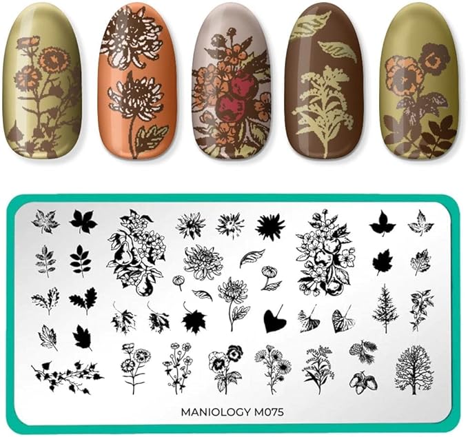 Maniology Harvest Blooms Nail Stamping Plate | Fall-Themed Designs & DIY Manicures – Reusable, Rectangular Stainless Steel Nail Art Template
