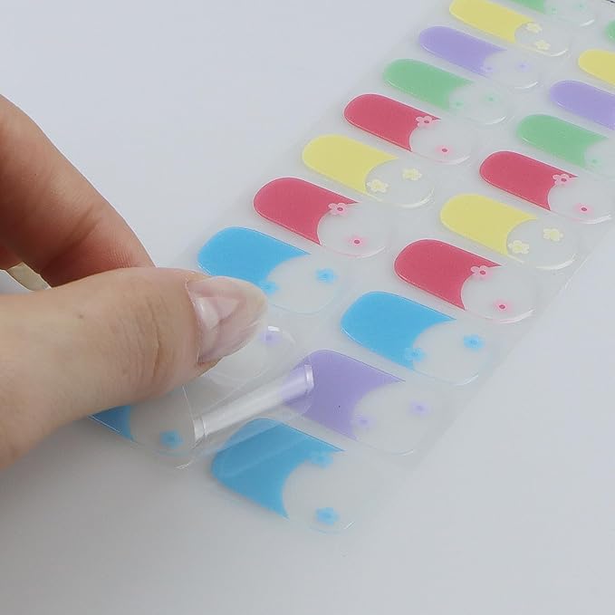 JMEOWIO Gel Nail Stickers Colorful Flower French Tip Semi Cured Gel Nail Strips Wraps UV/LED Nails Art Design Decoration Accessories