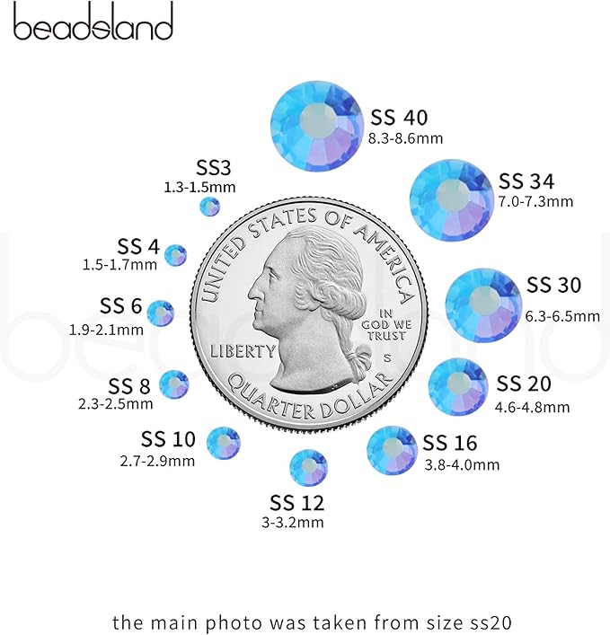Beadsland 288pcs Flat Back Crystal Rhinestones Round Gems for Nail Art and Craft Glue Fix, Light Sapphire AB, SS30, 6.3-6.5mm