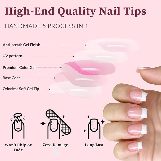 120PC White French Tip Press on Nails Short Fake Nails Press ons with 5*Adhesive Tabs, Pink Square Acrylic Nail Press on Nail French Tip Nails False Artificial Fingernails Stick on Nails-F