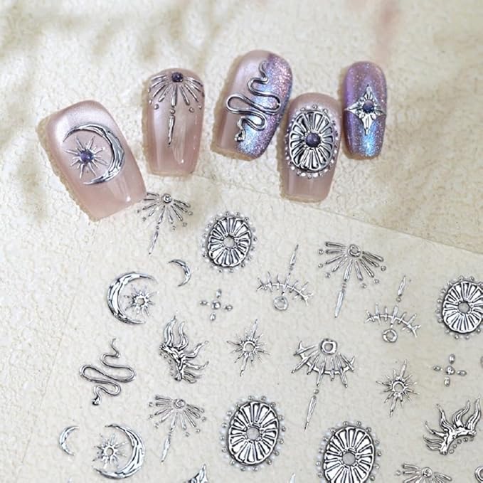 Silver Nail Stickers Star Moon Nail Supplies 5D Embossed Totem Nails Designs 3D Self-Adhesive Snake Nail Decals Sun Flame Nail Art Decoration for Women Girls DIY Manicure 1 Sheet