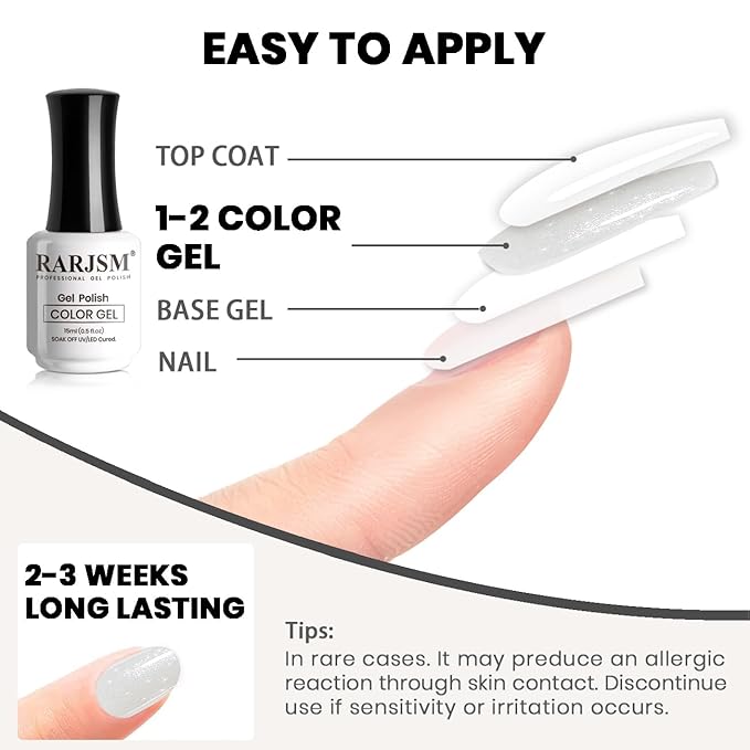 RARJSM Glitter Gel Nail Polish Nude Milky White Silver Shimmer Pigment Jelly Creamy White Yellow Gel Polish Neutral Color 15ml Sparkle Natural Color Soak off UV LED Cured for Home Salon DIY Nail Art