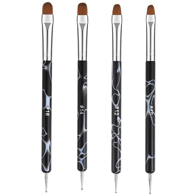 French Nail Brush Set, 4Pcs 2 Way Dotting Tool and French Tip Brushes Gel Acrylic Nail Art Design Pen Professional Manicure Tool Nail Clean Up Brush For Detailed Design, Size 10#,12#, 14#, 16#