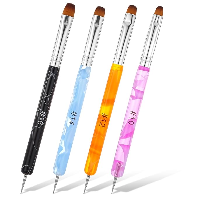 4 Pcs Gel Nail Brush French Gel Acrylic Nail Art Brush with Dotting Tool Extension Gel Brush Professional Manicure Tool for Nail Detailed Designs DIY Nail Salon (10# 12# 14# 16#)