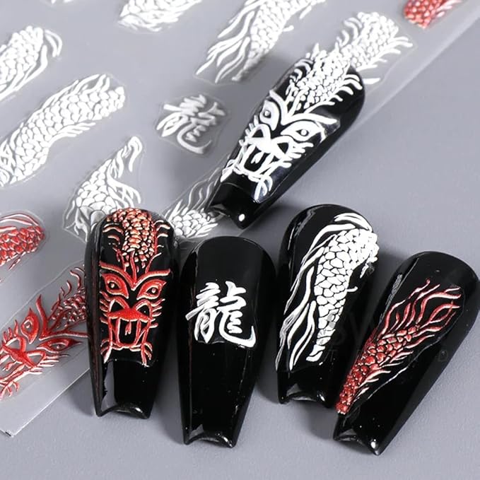 5D Embossed Dragon Nail Art Stickers for Designs - Black White Chinese Dragons Decals for Women - Manicure Supplies for Nails Decor