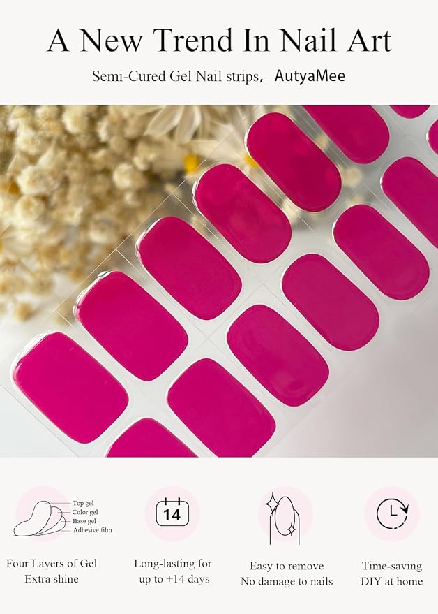 Semi Cured Gel Nail Strips (Berry Pink), 20 Pcs Gel Nail Wraps, Stickers, UV Light Required, Salon Quality, Long Lasting