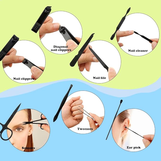Manicure Set Nail Clippers Nail Tools Easter Basket Stuffers Pedicure Supplies Toenail Clippers for Women Men Fingernail Toenail Clipper 8 in 1 Manicure Tools Black with Leather Travel Case