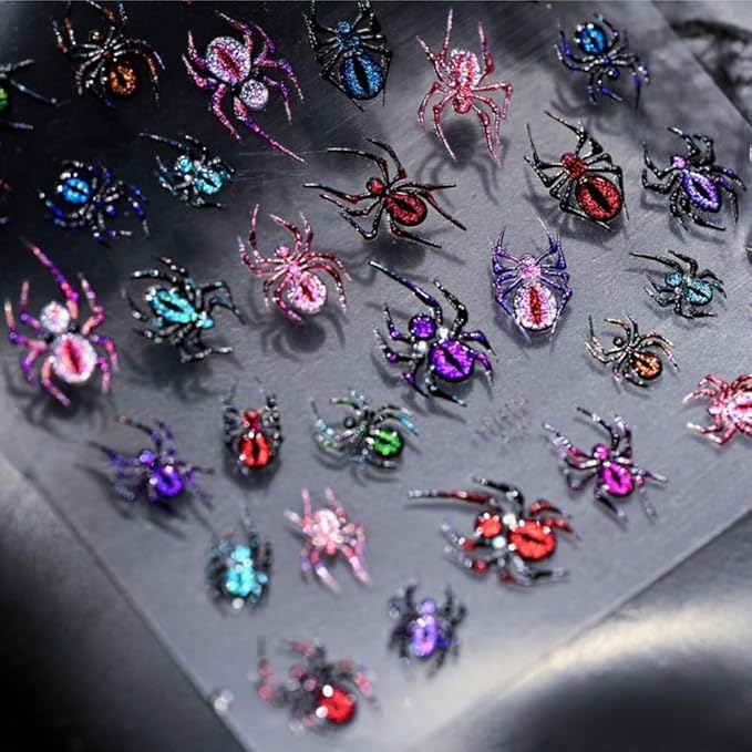 Halloween Nail Stickers 3D Self Adhesive Spider Nail Art Stickers 5D Embossed Colorful Spiders Nail Decals Araneid Nail Art Supplies Cute Multicoloured Nail Design for Women Girls 1 Sheets