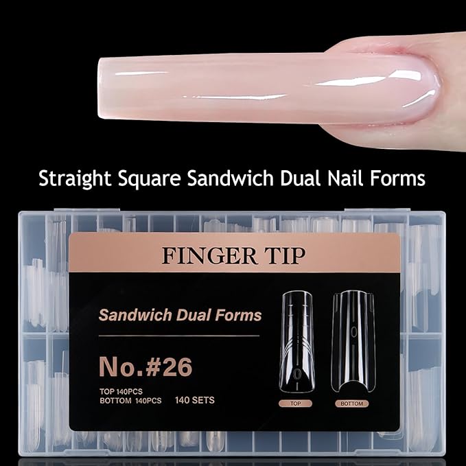 Sandwich Dual Nail Forms Kit, 280PCS Straight Square Top and Bottom Dual Forms for Builder Gel, Reusable Acrylic Nail Extension Molds with Guide Lines, Professional Manicure Supplies
