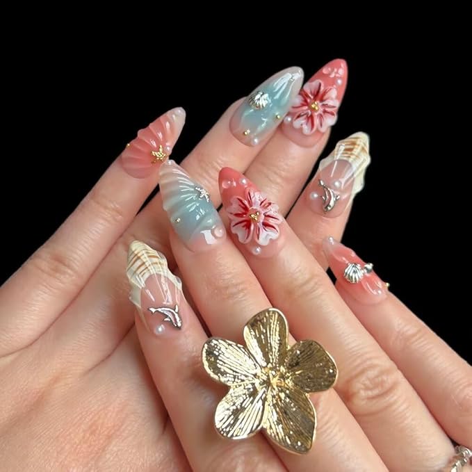 Press On Nails - Handmade French Almond Fake Nails, Cute Shell Nails Design, Reusable Artificial Almond False Nails for Women 10 Pcs 3D Acrylic Nails Kit (Size L)