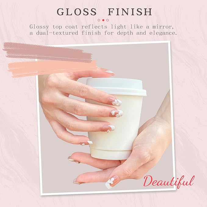 Handmade Press on Nails Short Coffin - French Tip Acrylic Fake Nails with 3D White Flower Designs, Elegant & Simple False Nails, Salon-Quality DIY Nail Art（S-10PCS)