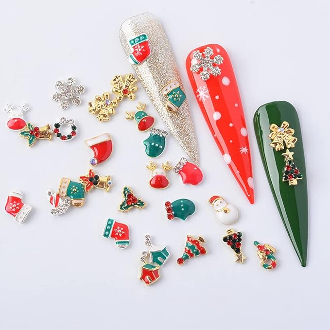 Christmas Nail Charms - 24 Styles/Box Metal Nail Studs, Rhinestones, Crystal, Glitter, Snowflake, Santa, Reindeer DIY Decorations