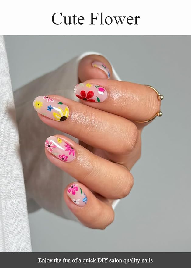 Semi Cured Gel Nail Strips (Cute Flower), 20 Pcs Summer Pink Gel Nail Wraps, Stickers, UV Light Required, Salon Quality, Long Lasting