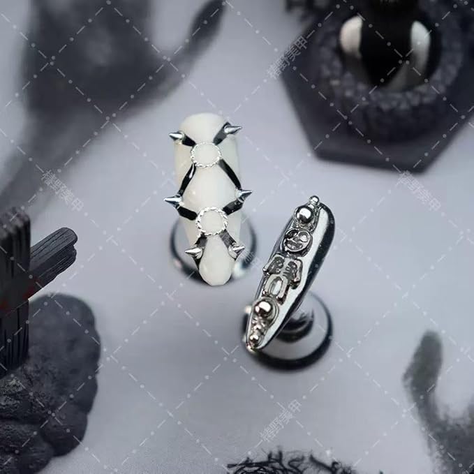 100% Handmade Press on Nails Medium Almond Fake Nails Halloween Press on Nails Black Gothic False Nail with Skeleton Pumpkin Silver Charms Design Reusable Handmade Nails for Women Manicure Size L
