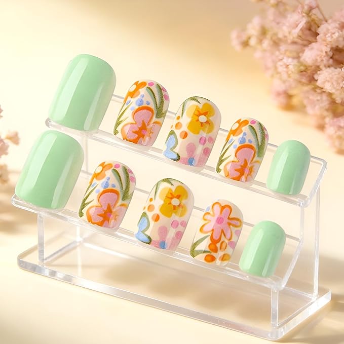 Flower Press on Nails Short Almond Fake Nails Colorful Flower Nails Press Ons Green False Nails Glossy Full Cover Glue on Nail Summer Spring Stick on Nail for Women Set Decorations Set 24Pcs